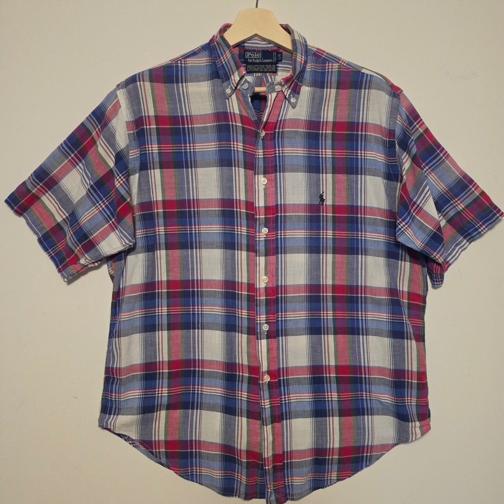 Polo Ralph Lauren Madras Plaid Short Sleeve Button Down Shirt Multi Color Large